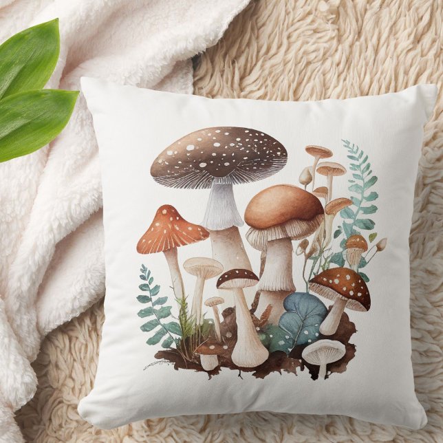 Almofada Terroso Marrom Verde Floresta Cogumelo Fofo Rústic (Add cottagecore charm to your home with this earthy brown green mushroom group throw pillow.)