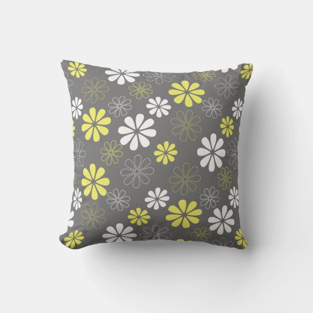 Almofada Teste padrão de flor cinzento e amarelo (Frente)