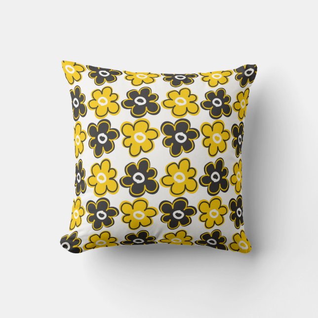 Almofada Teste padrão de flores retro amarelo e preto (Frente)