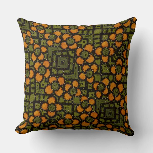 Almofada Teste padrão floral alaranjado e verde retro (Frente)