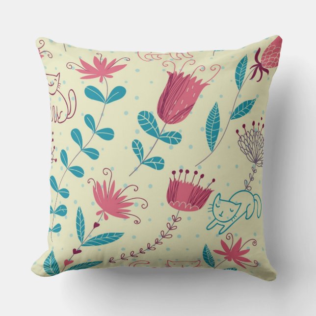 Almofada Teste padrão floral com gatos dos desenhos (Frente)