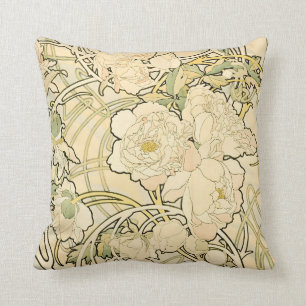 Almofada Teste padrão floral das peônias de Nouveau Mucha
