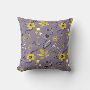 Almofada Teste padrão floral do Lilac, o roxo e o amarelo