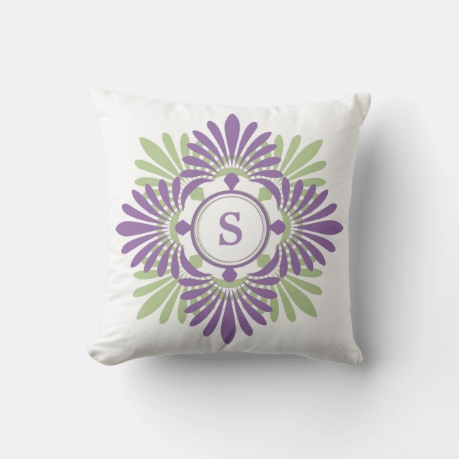 Almofada Teste padrão floral moderno verde roxo Monogrammed (Frente)