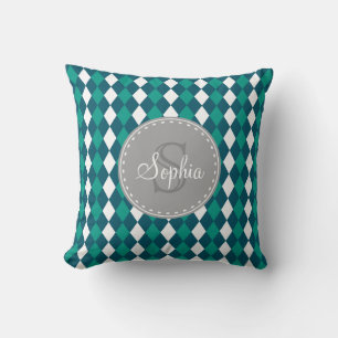 Almofada Teste padrão Monogrammed de Diamdons do verde azu