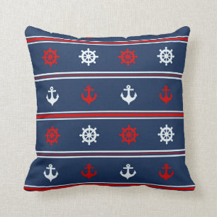 Almofada Teste padrão náutico branco e azul vermelho
