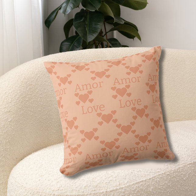 Almofada Texto de Amor de Corações Bilíngues (peach heart bilingual pillow. amor-love editable personalized custom text. multilingual project)