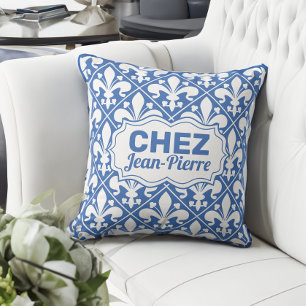 Almofada Texto francês azul e branco Fleur de lys