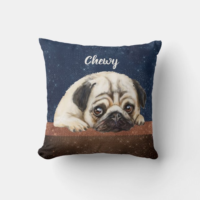 Almofada Texto personalizado "Cute Pug" moderno, azul-marro (Frente)