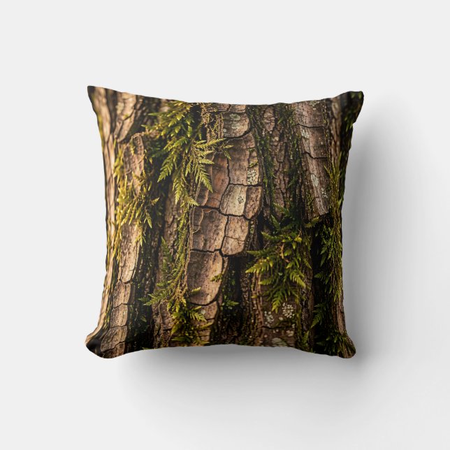 Almofada Textura de Floresta de Casca de Árvore Musgosa (Frente)