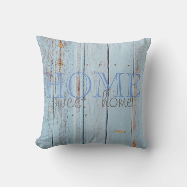 Almofada Textura de Madeira Azul Adorável, Lar Doce Lar  (Frente)