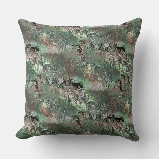 Almofada Textura estranha em verde-cinza com crânio abstrat (Frente)