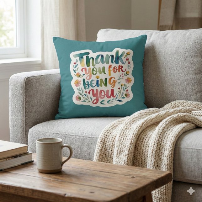 Almofada Thank You For Being You Photo Throw Pillow (Show your gratitude with this beautiful floral watercolor, "Thank you for being you" photo pillow! )