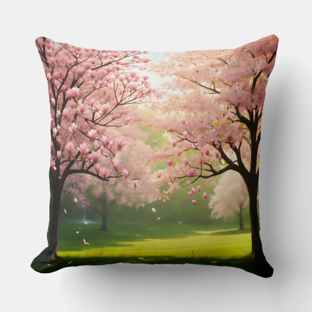Almofada Throw Pillow Blooming Trees Over Green Fields (Frente)