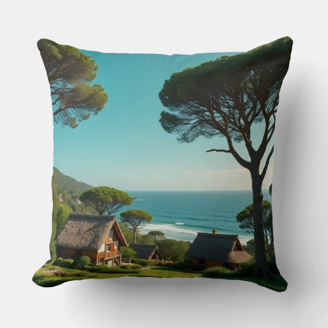Almofada Throw Pillow Coastal Harmony: Homes, Trees & Endle (Frente)