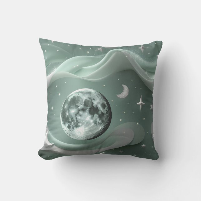 Almofada Throw Pillow - Mint Green Celestial Moon (Frente)