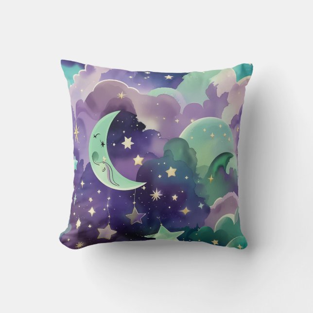 Almofada Throw Pillow - Mint Green Lilac Celestial Moon (Frente)