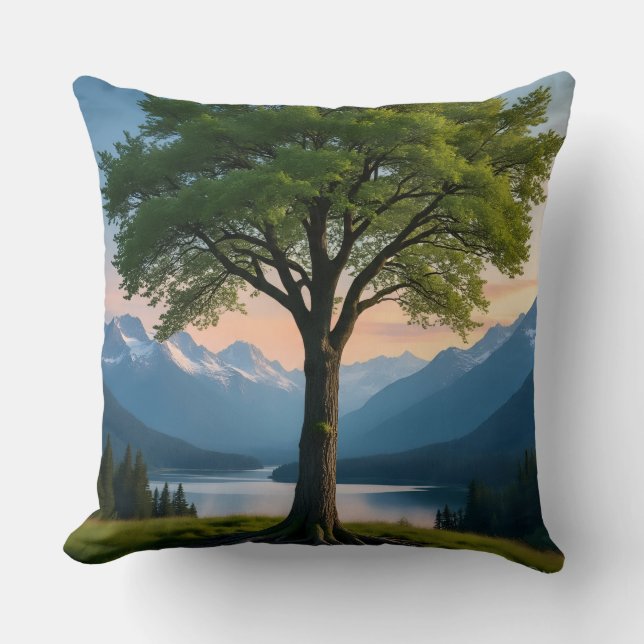 Almofada Throw Pillow Tree, Green Land, Sea, Sky & Mountain (Frente)