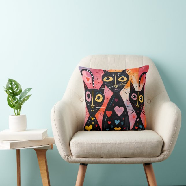 Almofada Throw Pillow Valentine's Day Cat Red Hearts (Cadeira)