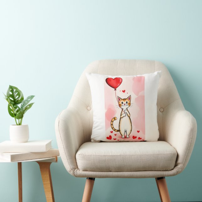 Almofada Throw Pillow Valentine's Day Cat Red Hearts (Cadeira)