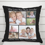 Almofada Tia Colagem de Fotos Preta<br><div class="desc">Dê à melhor tia do mundo um presente de fotos personalizado divertido. Este travesseiro decorativo preto apresenta uma colagem de 6 fotos de suas sobrinhas, sobrinhos, família, etc., seus nomes e "Nós te amamos" ou "Eu te amo" e se ela é chamada de "tia", "Tia", etc., em tipografia branca moderna....</div>