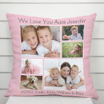 Almofada Tia Te Ama Colagem Fotográfica Rosa<br><div class="desc">Dê à melhor tia do mundo um presente de fotos personalizado divertido. Este travesseiro decorativo rosa apresenta uma colagem de 6 fotos de suas sobrinhas, sobrinhos, família, etc., seus nomes e "Nós te amamos" ou "Eu te amo" e se ela é chamada "tia", "Tia", etc., na tipografia moderna das cinzas....</div>