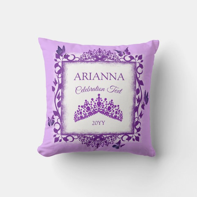 Almofada Tiara Roxa Personalizada & Borboletas Lembrança (Frente)
