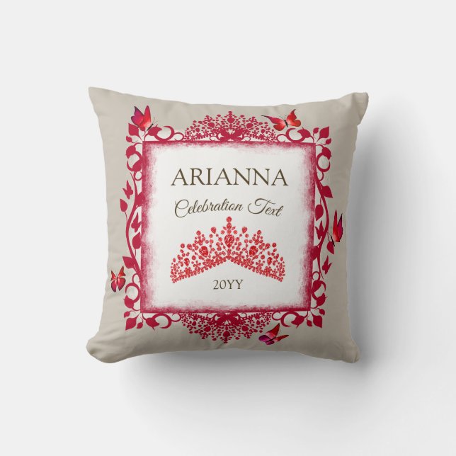 Almofada Tiara Vermelha Rubi Personalizada & Borboletas (Frente)