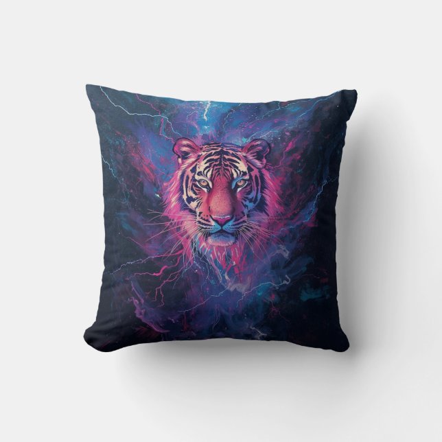 Almofada Tigre Abstrato Neon Thunder Tigrar Brilho Elétrico (Frente)