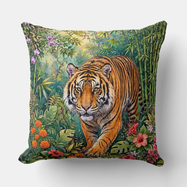 Almofada Tigre-de-bengala Vibrante Selva de Bambu (Frente)