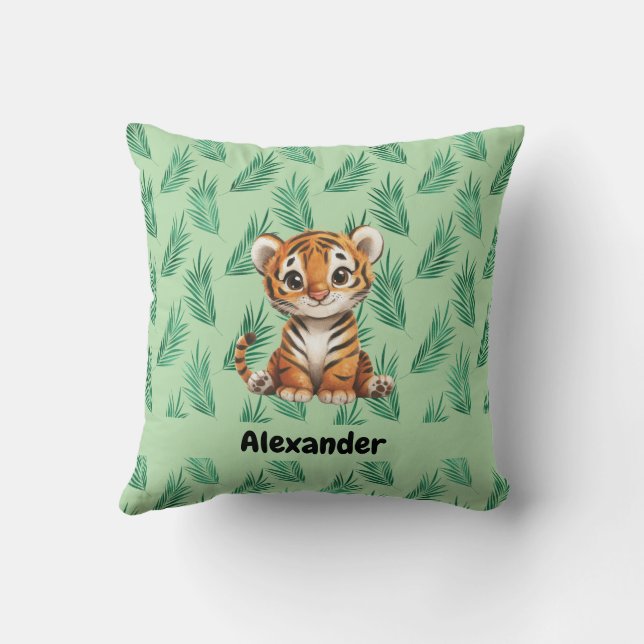 Almofada Tigre de desenho animado em folhas tropicais (Verso)