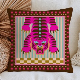 Almofada Tigre Japonês em Listras e Xadrez Funky