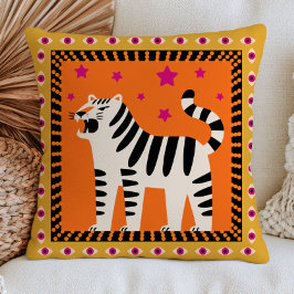 Almofada Tigre Rugindo em Preto e Branco sobre Laranja Funk