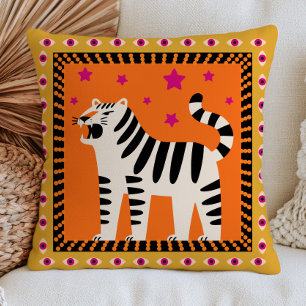 Almofada Tigre Rugindo em Preto e Branco sobre Laranja Funk