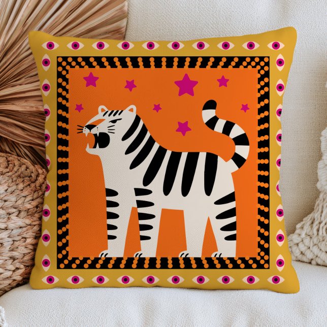 Almofada Tigre Rugindo em Preto e Branco sobre Laranja Funk (Criador carregado)