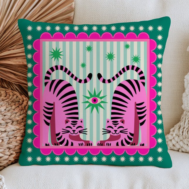 Almofada Tigres Pink Funky em Dopamina Maximalista Verde (Criador carregado)