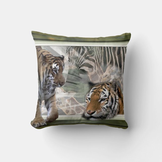 Almofada Tigres, Zebra, Girafa, Selva Primitiva (Frente)