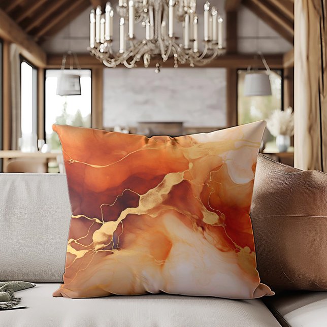 Almofada Tinta Alcoólica Marmorizada Laranja Marrom Dourado (Brown, orange, and gold alcohol ink decorator pillow)