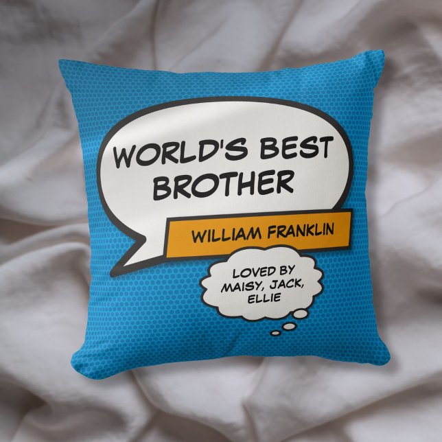 Almofada Típico de banda desenhada melhor do mundo (World's Best Brother Fun Comic Typographic Blue Throw Pillow)