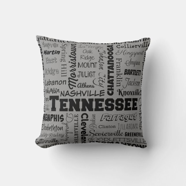 Almofada Tipografia das cidades de Tennessee, cinza (Frente)