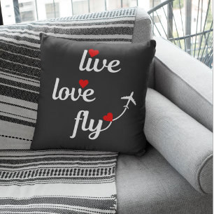 Almofada Tipografia de Voo de Amor Vivo com Avião e Coraçõe