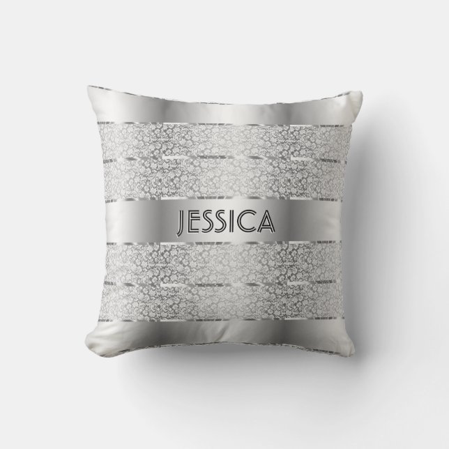 Almofada Tiras De Padrões Florais De Prata E Branco (Frente)