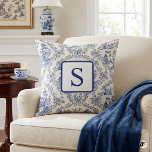 Almofada Toile de Chinoiserie Azul e Branco com Monograma P