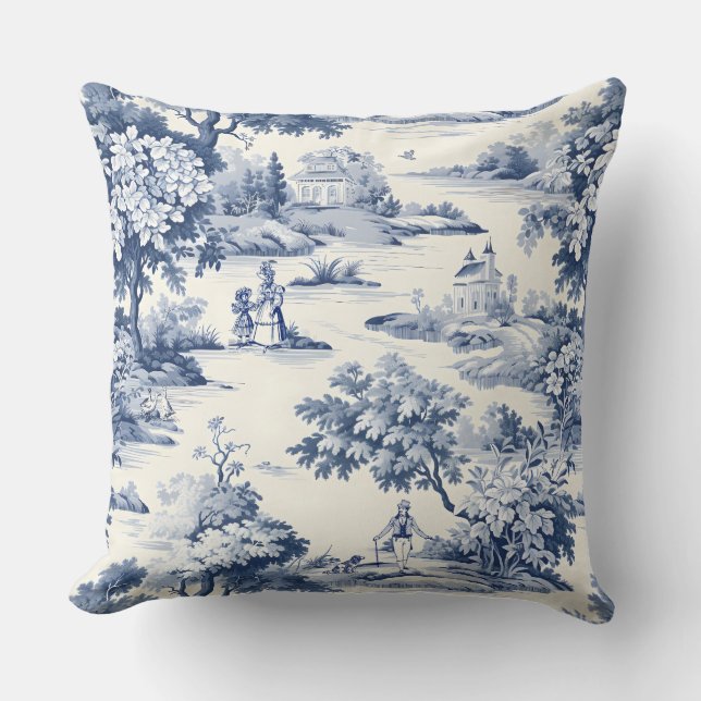Almofada Toile de jouy, azul e branco, porcelana, (Frente)