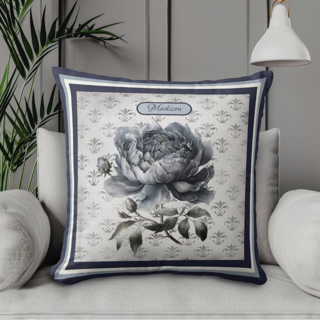 Almofada Toile de Jouy azul floral vintage monograma chines (Criador carregado)