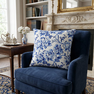 Almofada Toile de Jouy de Magnolias Azul e Branca