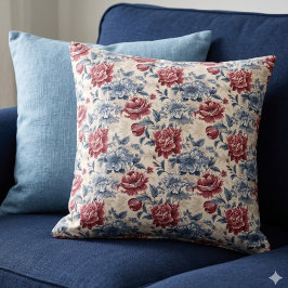 Almofada Toile de Jouy. Toile francesa. Rosas azuis e verme