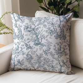 Almofada Toile de Jouy Vintage Azul-Cinza Padrão Natureza