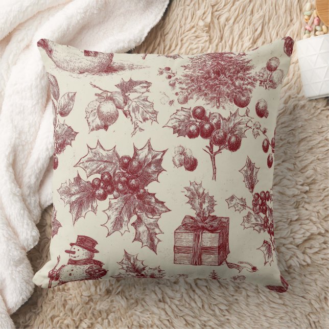 Almofada Toile de Natal Botânico Vermelho Antigo - Azevinho (Cobertor)