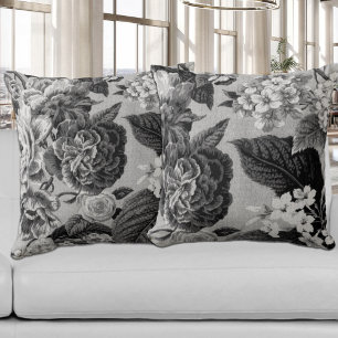 Almofada Toile floral botânico cinzento preto & branco No.